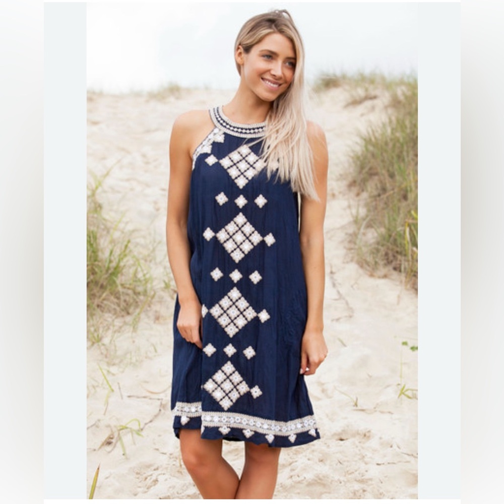 Kalypso7 blue navy embroidered mirror Boho sleeveless dress w/pockets Size L